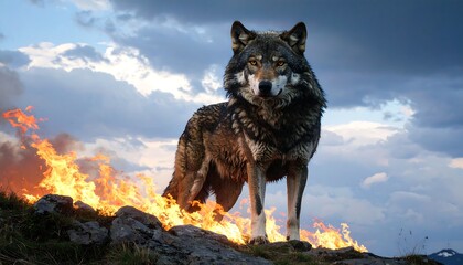 Majestic wolf amidst a fiery mountain scene