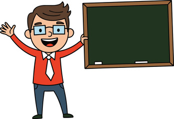 Cartoon teacher character standing beside chalkboard, education concept, classroom learning, school teaching, academic background, knowledge sharing, study illustration, educational design
