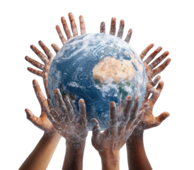 Hands holding the Earth, many hands reaching up to encircle a globe