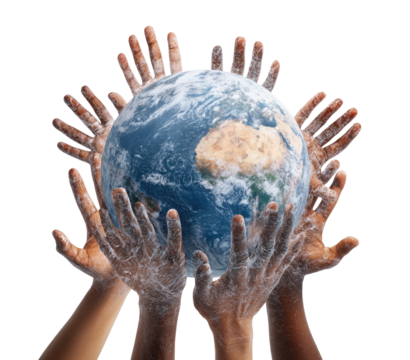 Hands holding the Earth, many hands reaching up to encircle a globe