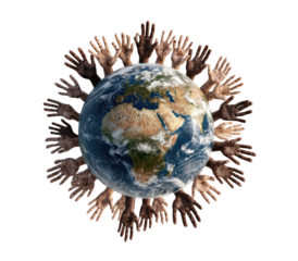 Earth encircled by diverse hands. Many hands of various skin tones surround a detailed globe of Earth, emphasizing global unity