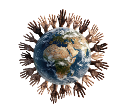Earth encircled by diverse hands.  Many hands of various skin tones surround a detailed globe of Earth, emphasizing global unity