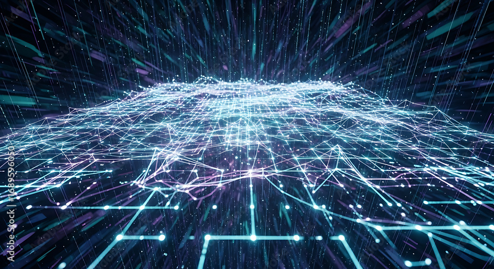 Aufkleber abstract network landscape with glowing lines and particles in a dark blue environment ai generated