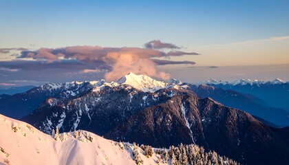 Snowy mountain range at sunset
