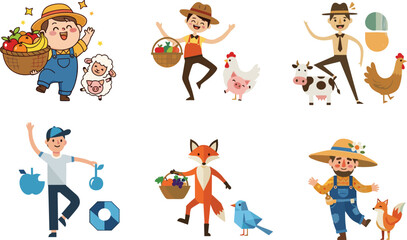 Cute farmer characters with animals, fruits, vegetables, harvest basket, cartoon style agriculture, countryside lifestyle, farm illustration, organic food, rural scene