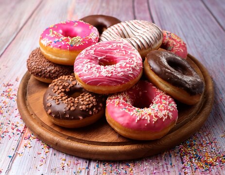 assorted donuts with chocolate pink icing and sprinkles n sweet pastries for dessert or breakfast