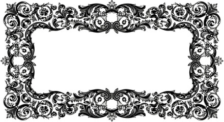 Ornate black and white frame with floral and leaf designs surrounding a rectangular white space