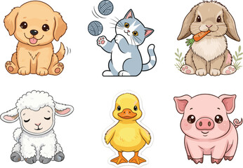 Cartoon baby animal vector set with puppy, kitten, bunny, lamb, duckling, piglet in cute playful style for children content