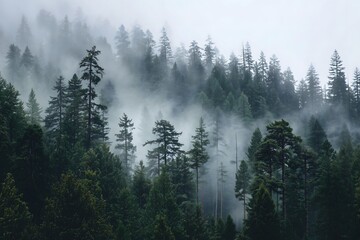 Misty Evergreen Pine Forest in Mountain Valley, Moody Green Atmosphere and Rolling Morning Fog, Panoramic Nature Background.Generative AI