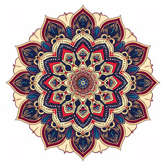 Naklejka premium Intricate mandala art with vibrant red, blue, and gold patterns radiates spiritual calm and elegance