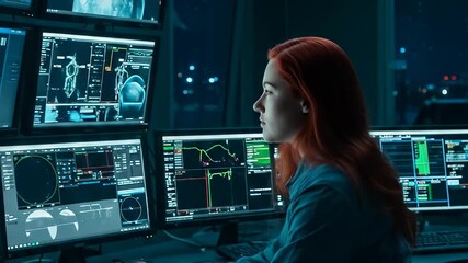 A Woman Working with Advanced Technology and Data on Multiple Computer Screens in a Dark Room - Powered by Adobe