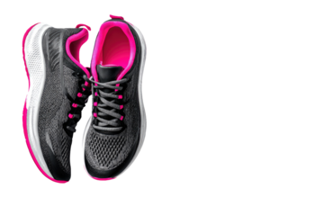 Pair of athletic shoes, dark gray with hot pink accents, hanging