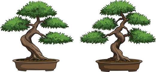 Miniature bonsai trees in decorative pots, artistic plant arrangement, Japanese gardening art, twisted trunks, lush green foliage, indoor ornamental plants for home decor photography