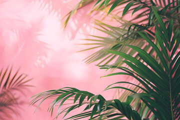 Vibrant green palm leaves cast soft shadows on a pastel pink background creating a tropical, serene aesthetic.