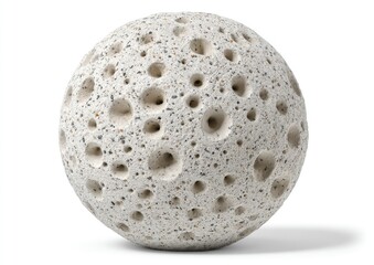 A light gray sphere, intricately textured with numerous small craters and pits, stands out against a pure white background.