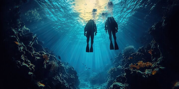 Scuba divers gracefully swim among colorful coral reefs under the ocean surface.