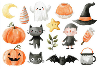 Watercolor Halloween illustration for invitation, frames and tags with cute pumpkin, ghost, skull, black cat
