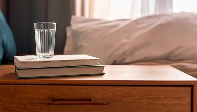 a glass of water sits on top of a book on a wooden nightstand
