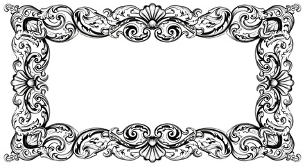 Elegant ornate black and white decorative frame with intricate floral scrollwork and shell motifs