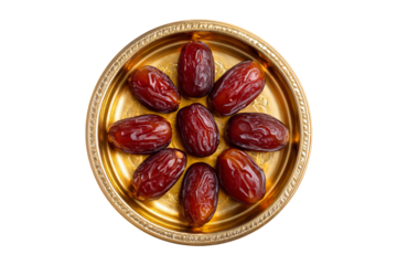 a golden tray with red dates, placed on an isolated on a transparent background in PNG format.