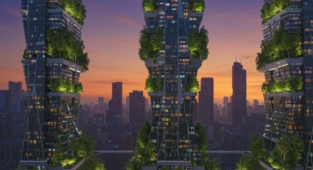 Obraz premium Eco Skyscrapers at Sunset - Futuristic city skyline, green architecture, sustainable living, urban landscape, technological advancement