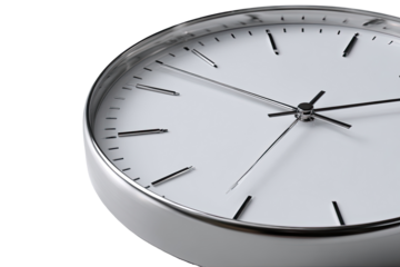 Close-up of a minimalist white clock face with silver hands and markers