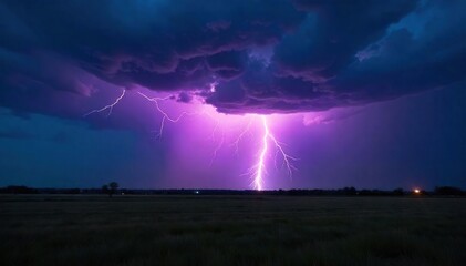 Spectacular bolt of lightning striking the ground during a powerful thunderstorm, illuminating the dark night sky A dramatic display of nature's raw power , phenomenon, electrical storm