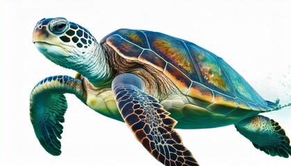 Fototapeta premium green sea turtle swimming underwater in the ocean isolated on white background ai generated