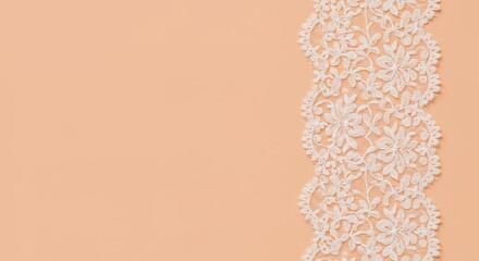 Elegant White Lace Border on Peach Background - Delicate white lace trim on a peach colored backdrop. Perfect for invitations, cards, or fabric design