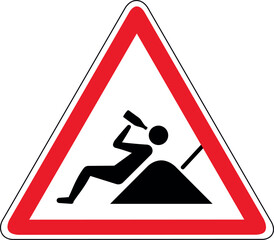 Lustiges Baustellen-Warnschild mit Bauarbeiter in Pause und Bierflasche – Vektor-Illustration