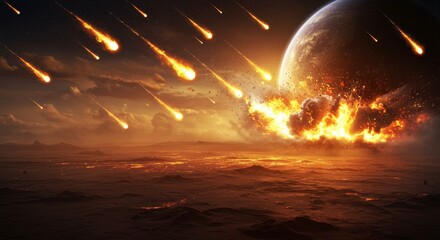 Fiery Meteor Shower Planet Impact - A planet is bombarded by a fiery meteor shower, causing massive explosions and destruction. The scene is apocalyptic and dramatic