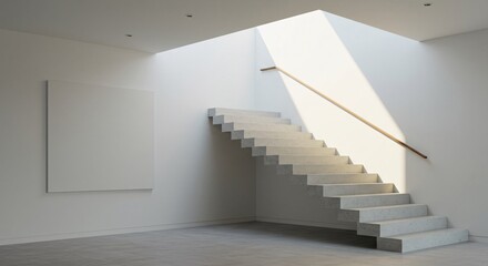 Fototapeta premium Modern architectural interior with a floating concrete staircase lit by natural sunlight from a skylight. Minimalist design with clean lines, light and shadow play.