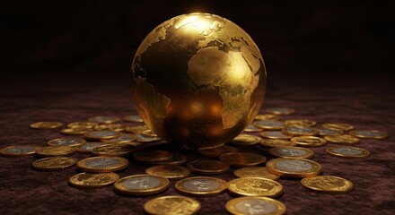 Global Finance and Prosperity - Golden globe rests on a bed of gold coins, symbolizing global wealth and economic prosperity. Dark background emphasizes luxury