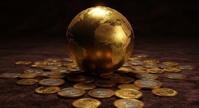 Global Finance and Prosperity - Golden globe rests on a bed of gold coins, symbolizing global wealth and economic prosperity. Dark background emphasizes luxury