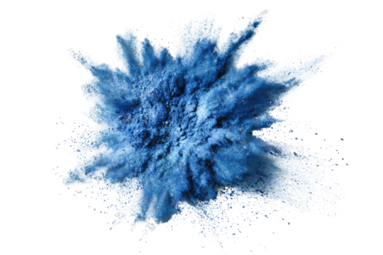 A vibrant explosion of powder, a deep azure blue hue, radiating outwards against a stark black background.  Powder particles are dense in the center, becoming sparser and lighter towards the edges