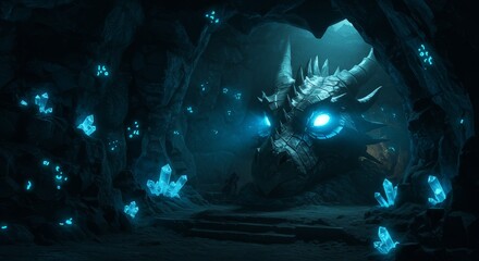Obraz premium Glowing Dragon Head Cave Sculpture - Mystical dragon head sculpture with glowing eyes, nestled within a dark cave adorned with luminescent crystals.