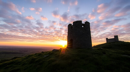 Obraz premium Cornish sunrise Carn Brea Cornwall Basset Monument and Castle
