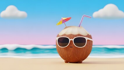 Kreskówkowy, kokosowy drink z parasolką, słomką i okularami przeciwsłonecznymi, stojący na plaży, z morzem i błękitnym niebem w tle.