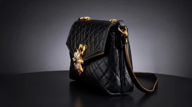 Black leather handbag with gold accents