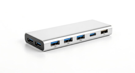 A silver usb hub with multiple ports on a white background in a studio product shot for technology ai generated