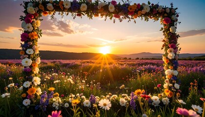 Colorful floral frame at sunset over a meadow