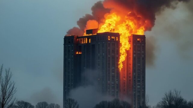 A tall building on fire with smoke billowing out of it