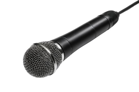 Close-up of a black handheld microphone.  The microphone's  metal grille is visible.  A cord extends from the base
