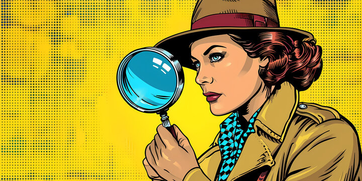 Intrigued detective woman with magnifying glass uncovers secrets in vibrant retro pop art style