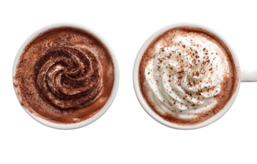 Two mugs of hot chocolate, topped with whipped cream and cocoa powder.  A close-up, high-angle view, showing the creamy texture of the drinks