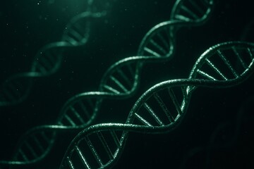 Green dna double helix strands in dark background