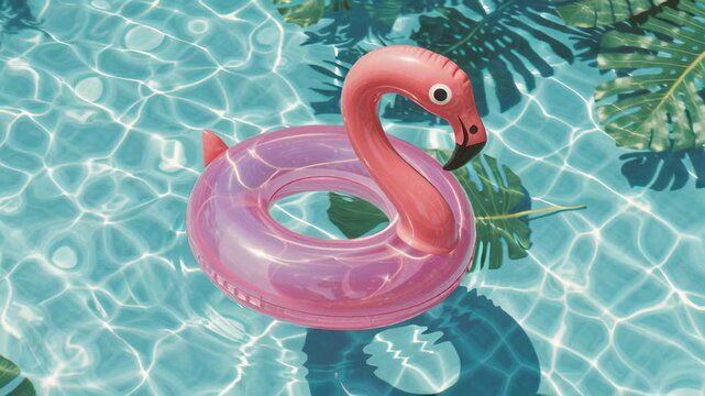 A vibrant pink flamingo float drifts on the surface of a sparkling blue pool
