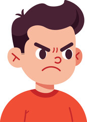 Portrait of a grumpy and annoyed young man with a scowl. Flat design character illustration expressing fury and displeasure