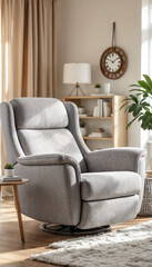 Gray recliner chair in bright living room with wooden floors and plants