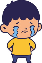 A simple cartoon illustration of a young boy crying with big tears. Unhappy child character with a sorrowful expression feeling emotional distress